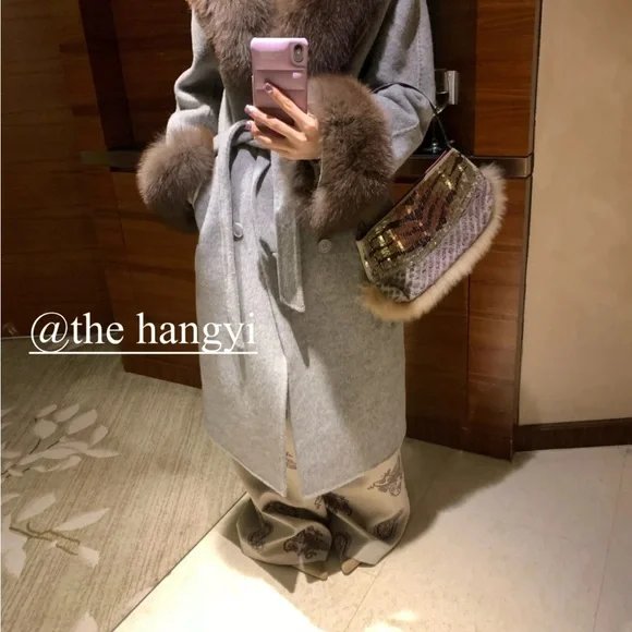 Gray Wool Coat with Brown Fur Trim - Picture 3 of 6